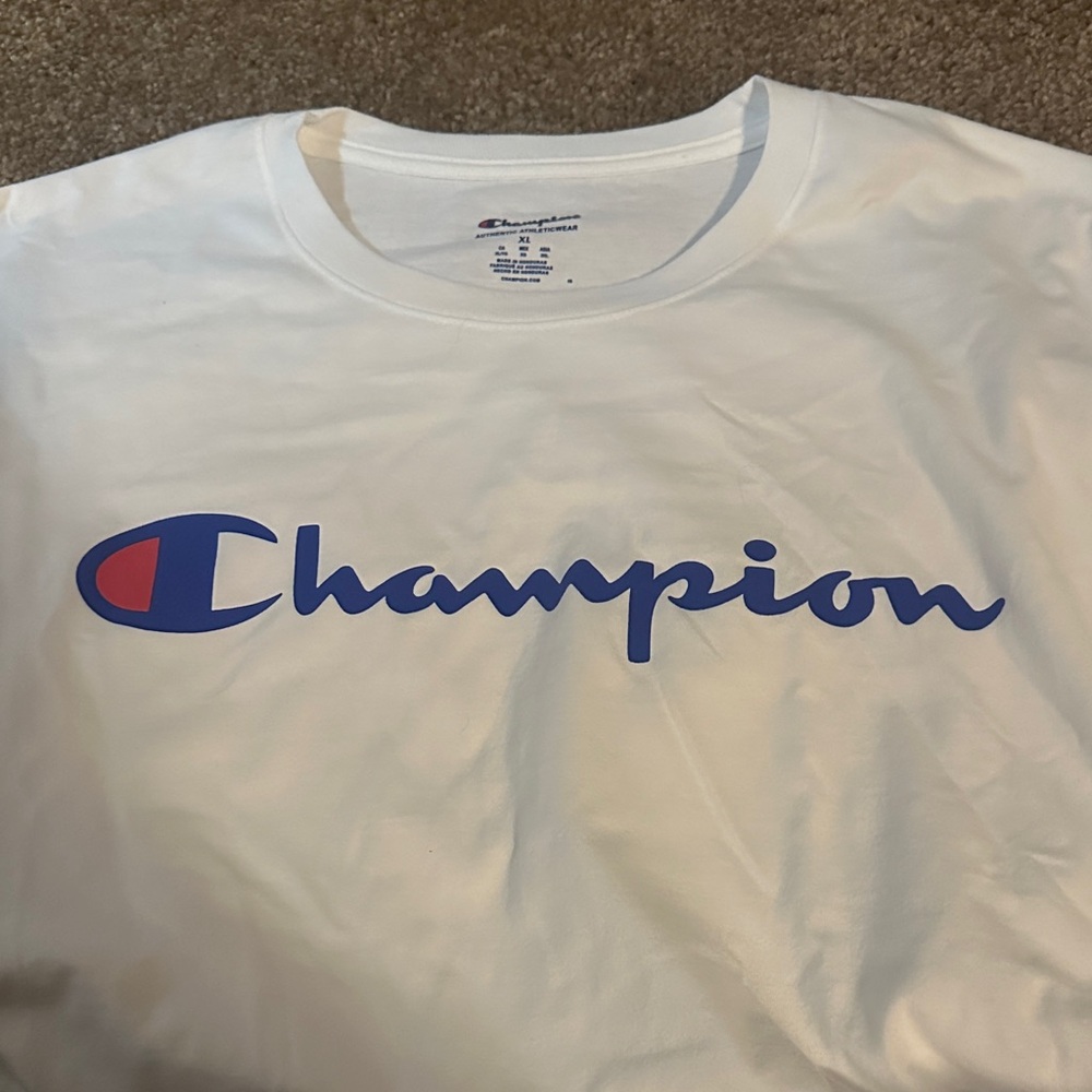 Champion White Tee with Blue and Red Logo
